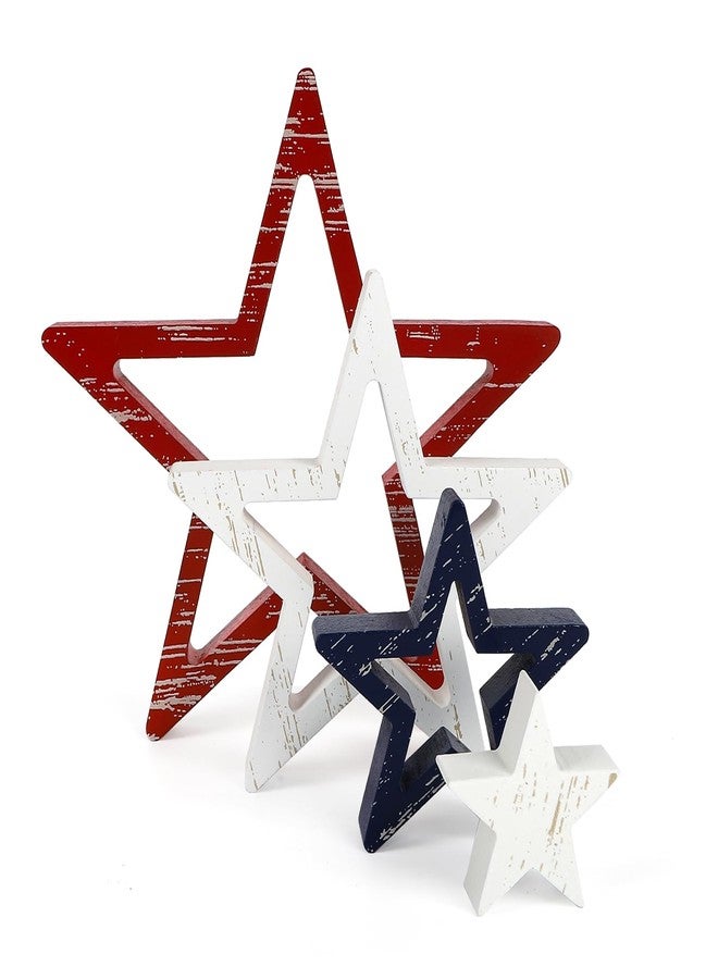 COCHIE 4th of July Decorations Stars Set of 4, Red White Blue Decor, Patriotic Memorial Day Star Tiered Tray Decor, Labor Day Fourth of July Decoration for Home Office Table Shelf (Retro Solid) - Image 1